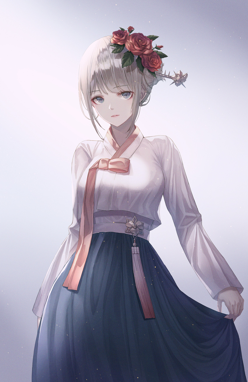 1girl bangs blonde_hair blue_eyes clothes_lift connor dress expressionless eyebrows_visible_through_hair flower grey_background hair_bun hair_flower hair_ornament highres korean_clothes lifted_by_self long_dress long_sleeves looking_at_viewer original rose sidelocks skirt skirt_lift solo
