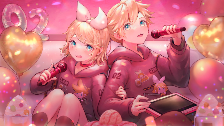 1boy 1girl :d absurdres akatsuki_rokino arm_grab balloon bangs black_legwear blonde_hair blue_eyes bow brother_and_sister character_doll character_name hair_bow heart_balloon highres holding holding_microphone hood hooded_sweater kagamine_len kagamine_rin long_sleeves microphone open_mouth pink_sweater short_hair siblings sitting smile sweater swept_bangs vocaloid white_bow