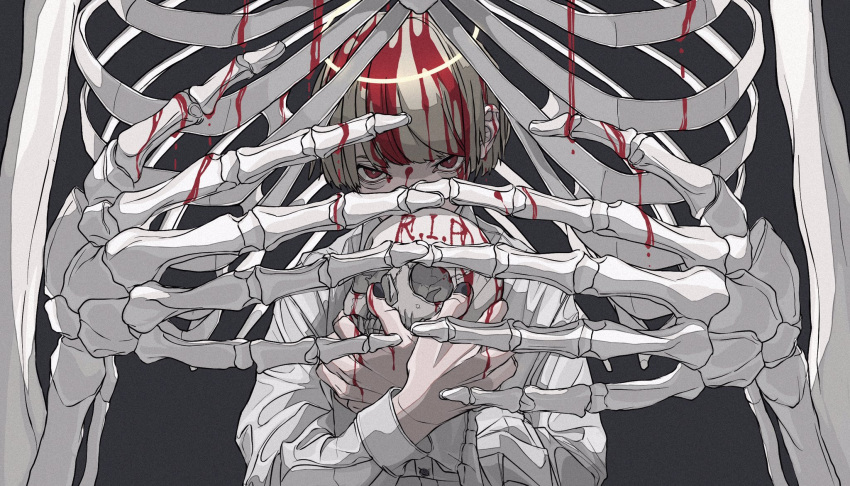 17_s_kyk 1boy black_nails blonde_hair blood blood_on_face blood_on_hands bone commentary_request highres holding holding_skull long_sleeves looking_at_viewer original redhead shirt short_hair skull solo upper_body white_shirt