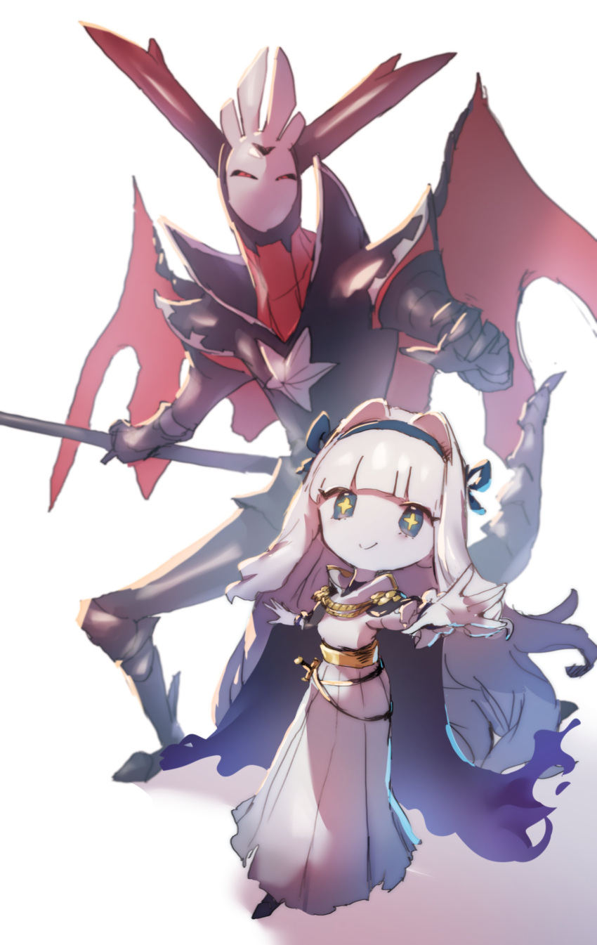 +_+ 1girl 1other absurdres blue_eyes blue_hairband cape closed_mouth colored_skin dress hairband highres holding holding_weapon long_hair looking_at_viewer okame_nin original simple_background smile tail very_long_hair weapon white_background white_dress white_hair white_skin wings