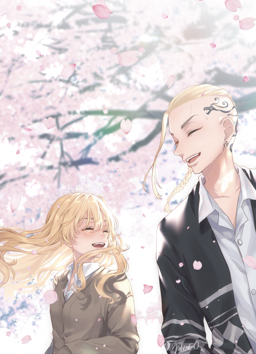 1boy 1girl ^_^ absurdres bangs black_jacket blonde_hair braid braided_ponytail brown_jacket cherry_blossoms closed_eyes collared_shirt day dragon_tattoo falling_petals highres jacket long_hair long_sleeves maco_(crea-0328) open_mouth outdoors petals ryuuguuji_ken sano_emma shirt single_braid smile tattoo tokyo_revengers tree upper_body white_shirt