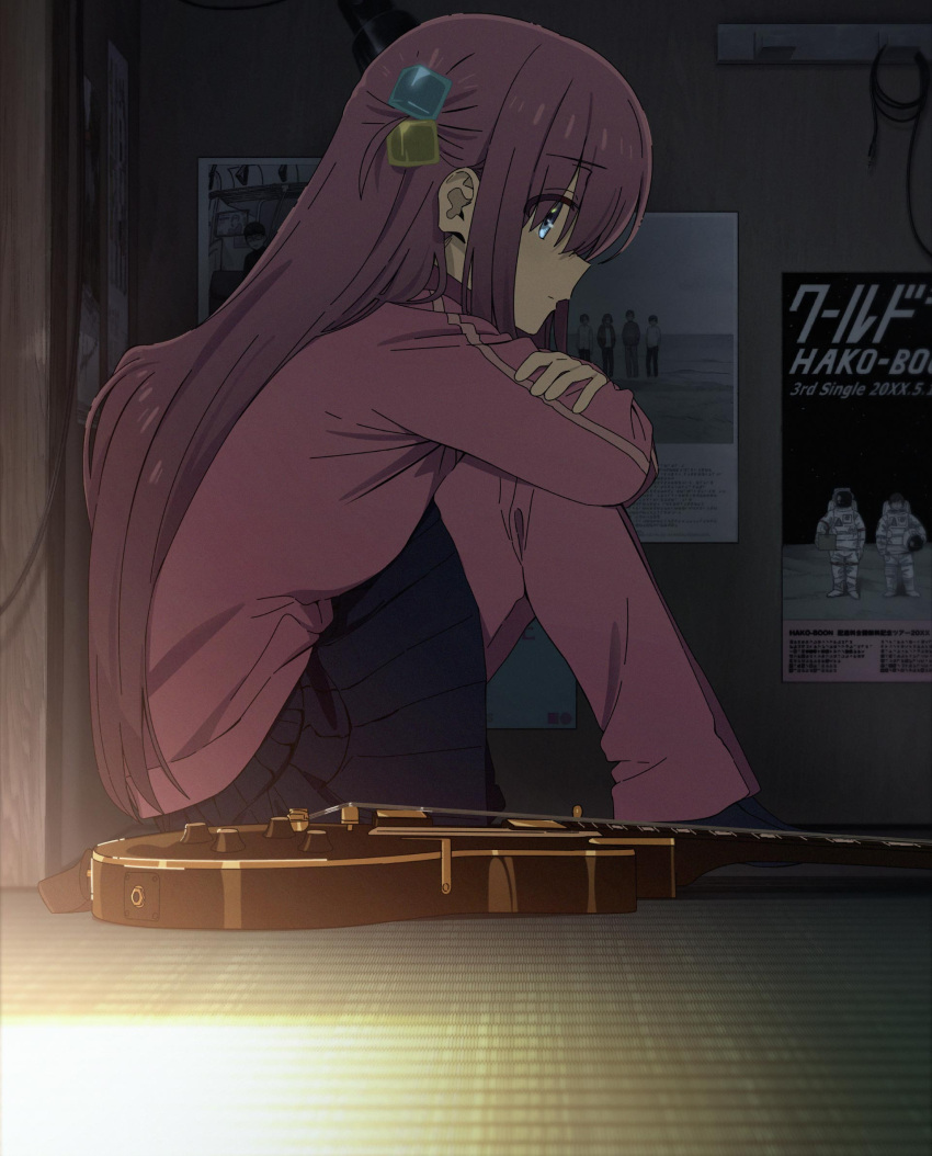 1girl aqua_eyes black_skirt bocchi_the_rock! from_side gotou_hitori guitar hair_ornament highres hugging_own_legs instrument key_visual knees_up long_hair looking_away official_art on_floor pink_hair pleated_skirt poster_(object) promotional_art sitting skirt solo tatami track_suit