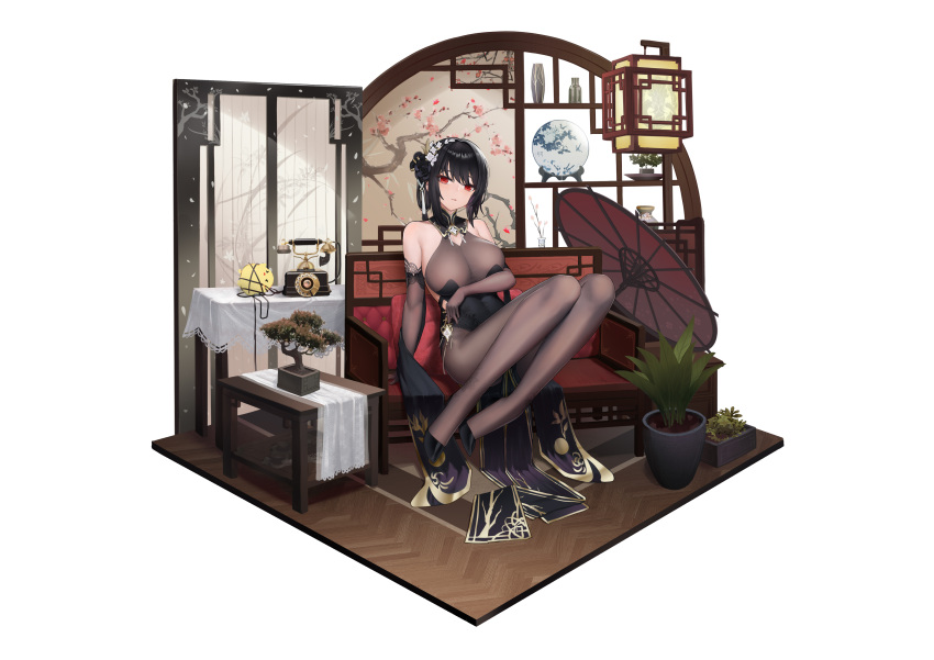 1girl absurdres azur_lane bare_shoulders black_dress black_flower black_hair black_legwear black_rose bodystocking bonsai chen_hai_(azur_lane) chen_hai_(vestibule_of_wonders)_(azur_lane) china_dress chinese_clothes dress elbow_gloves flower full_body gloves highres huahuademaomaotou lace-trimmed_gloves lace_trim long_hair looking_at_viewer official_alternate_costume oil-paper_umbrella pantyhose pelvic_curtain phone redhead rose simple_background solo taut_clothes taut_dress tight tight_dress umbrella white_background