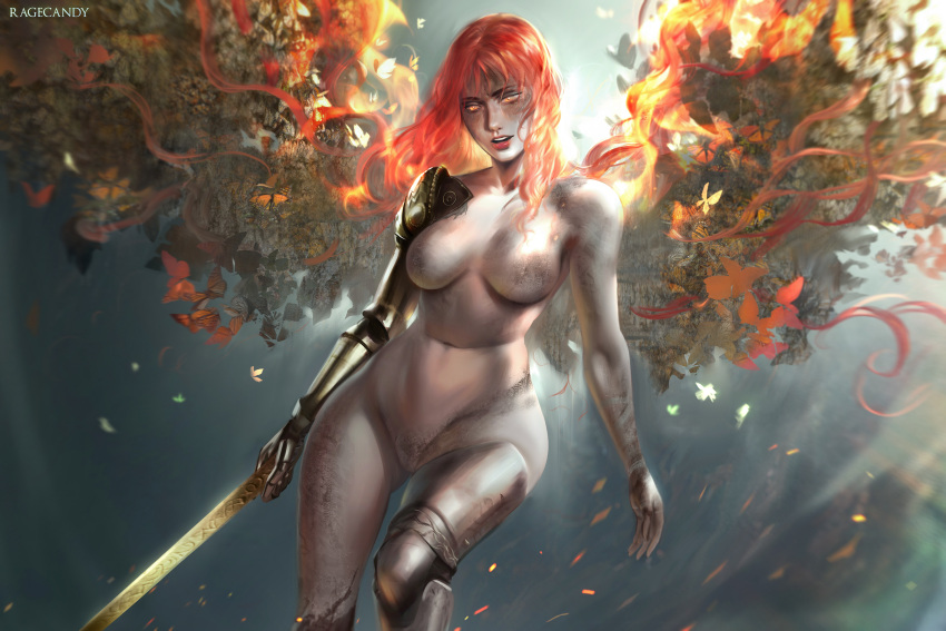 1girl amputee breasts bug butterfly completely_nude elden_ring floating_hair highres holding holding_sword holding_weapon long_hair looking_at_viewer malenia_blade_of_miquella malenia_goddess_of_rot navel nude prosthesis prosthetic_arm prosthetic_leg ragecndy redhead simple_background solo sword very_long_hair weapon wings yellow_eyes