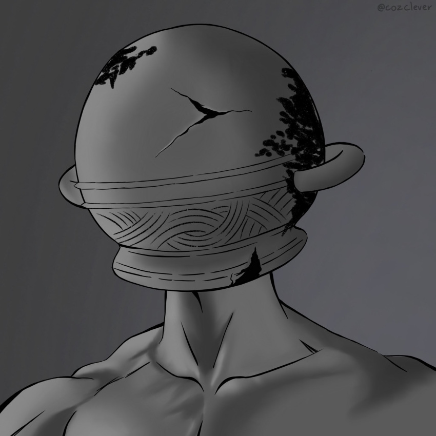 1boy cozclever elden_ring gigachad_(meme) greyscale highres let_me_solo_her male_focus meme monochrome pectorals pot_on_head solo tarnished_(elden_ring) twitter_username upper_body