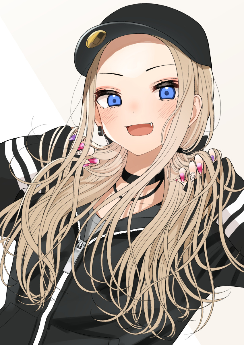 1girl :d a_sore_pon_desu! absurdres bangs baseball_cap black_choker black_headwear black_jacket blush brown_background chibita_natsume choker collarbone earrings fang forehead grey_shirt hands_up hat highres jacket jewelry kentaurosu light_brown_hair long_hair long_sleeves looking_at_viewer low_twintails nail_art parted_bangs shirt sleeves_past_wrists smile solo textless twintails two-tone_background upper_body white_background