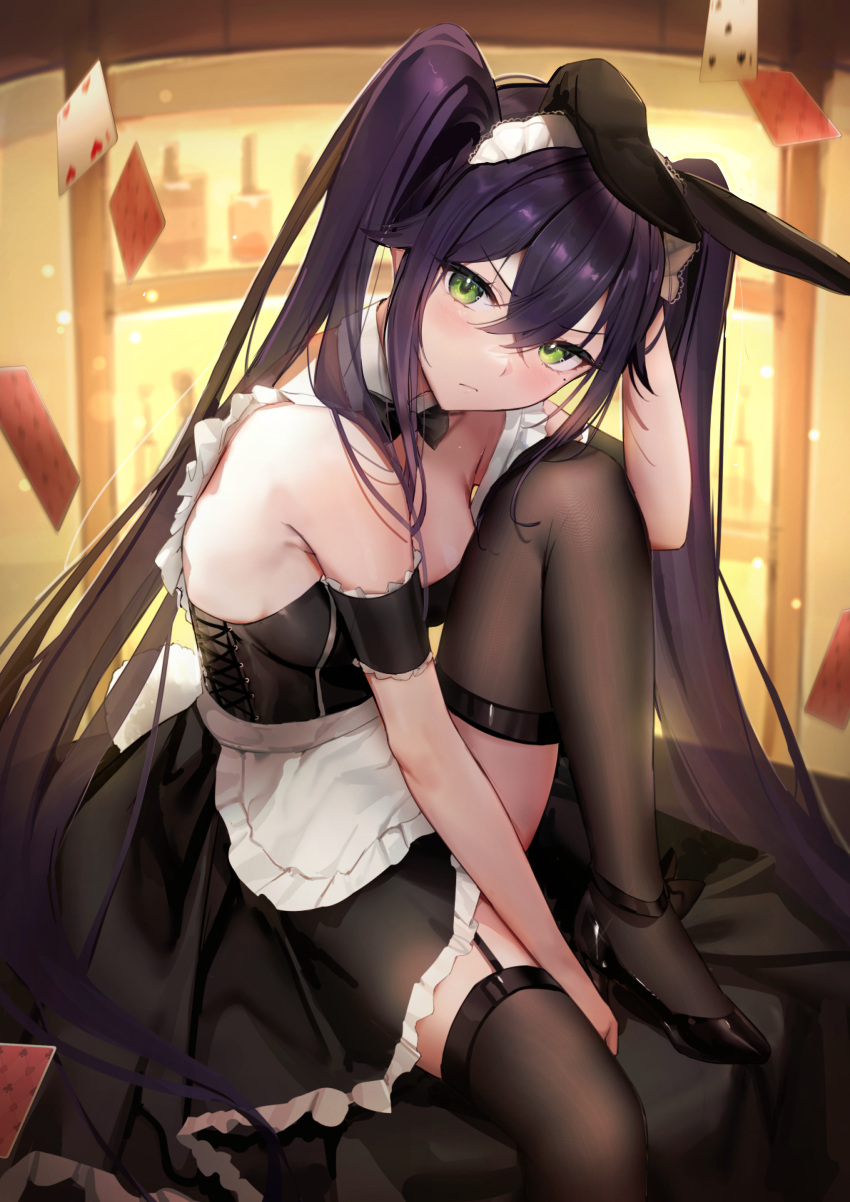 1girl absurdres alcohol animal_ears apron bangs bar black_bow black_bowtie black_dress black_legwear bow bowtie breasts card cbi_cbi crossed_bangs detached_collar dress frills frown garter_straps green_eyes hair_between_eyes high_heels highres knee_up long_hair looking_at_viewer maid maid_apron maid_headdress mole mole_under_eye nontraditional_playboy_bunny original playboy_bunny playing_card purple_hair rabbit_ears rabbit_tail shelf sitting small_breasts solo tail thigh-highs twintails v-shaped_eyebrows very_long_hair