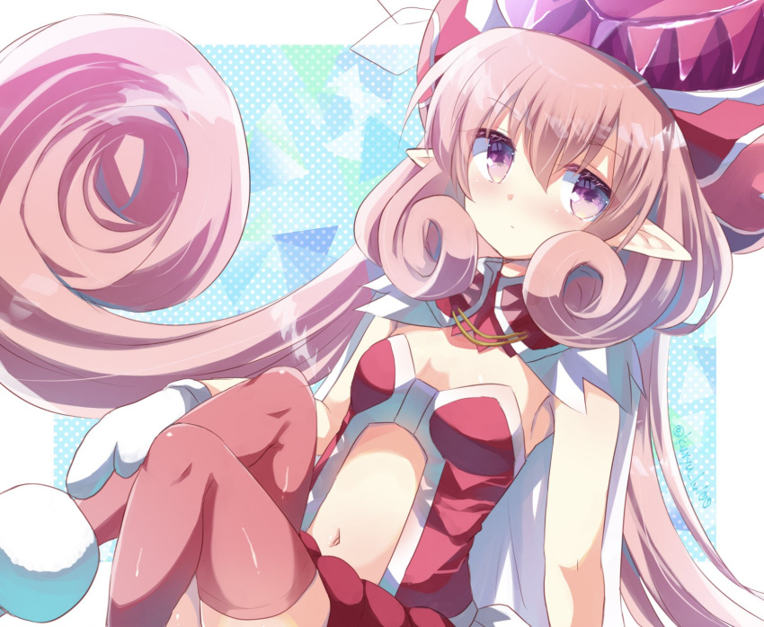 1girl bangs blush boots breasts center_opening closed_mouth commentary_request dress eyebrows_visible_through_hair feet_out_of_frame fur-trimmed_boots fur_trim hair_between_eyes highres kuriyuzu_kuryuu long_hair mittens navel neneka_(princess_connect!) pink_hair pink_legwear pointy_ears polka_dot polka_dot_background princess_connect! red_dress red_headwear sidelocks small_breasts solo strapless strapless_dress thigh-highs twitter_username very_long_hair violet_eyes white_mittens
