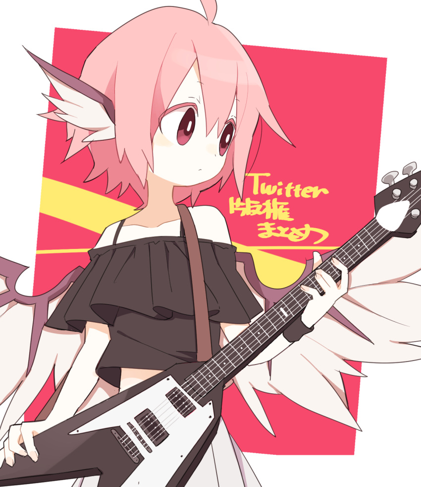 1girl aida_(aidia) animal_ears bangs bare_shoulders border clothing_request commentary_request electric_guitar eyebrows_visible_through_hair feathered_wings guitar highres holding instrument mystia_lorelei pink_eyes pink_hair short_hair solo touhou upper_body white_border wings wristband
