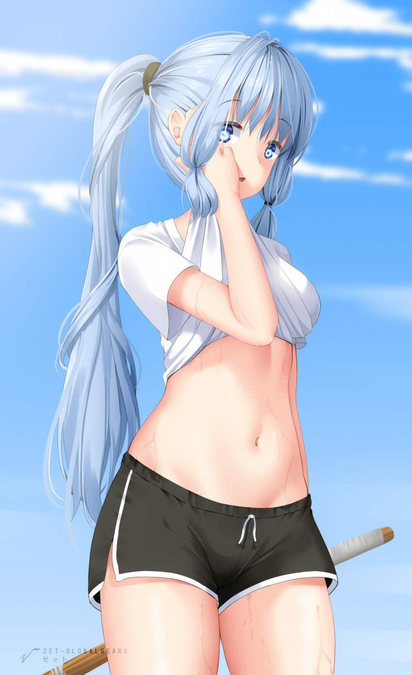 1girl artist_name blue_eyes blue_hair blue_sky cloud clouds genshin_impact kamisato_ayaka looking_at_viewer navel open_mouth ponytail short_shorts shorts solo stomach sweat sweating_profusely sword_behind_back training very_long_hair white_shirt wiping_face wiping_sweat wooden_sword