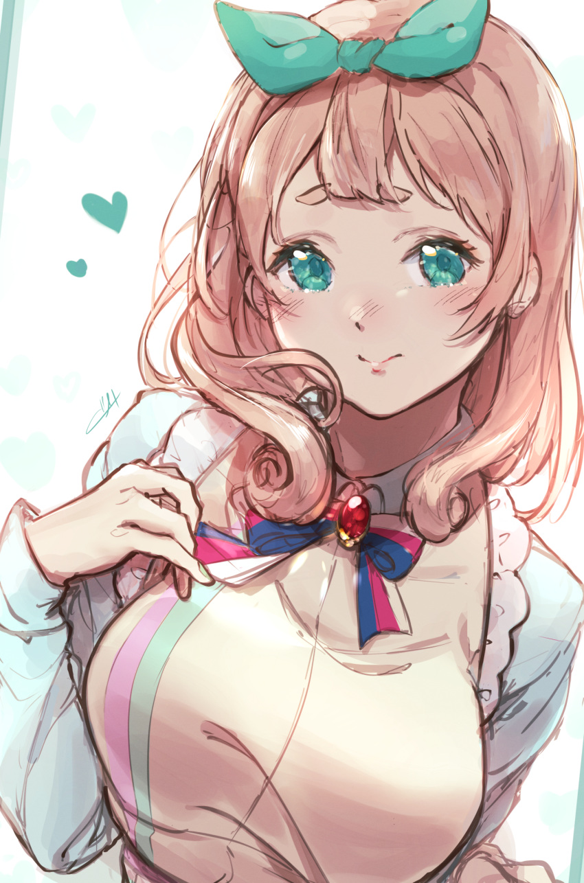 1girl aqua_eyes blonde_hair blush breasts closed_mouth commentary_request curly_hair green_headwear green_ribbon hair_ribbon hand_up heart hibike!_euphonium highres kuziaaizuk large_breasts liz_to_aoi_tori long_hair long_sleeves neck_ribbon ribbon solo striped striped_ribbon thick_eyebrows upper_body yoshikawa_yuuko