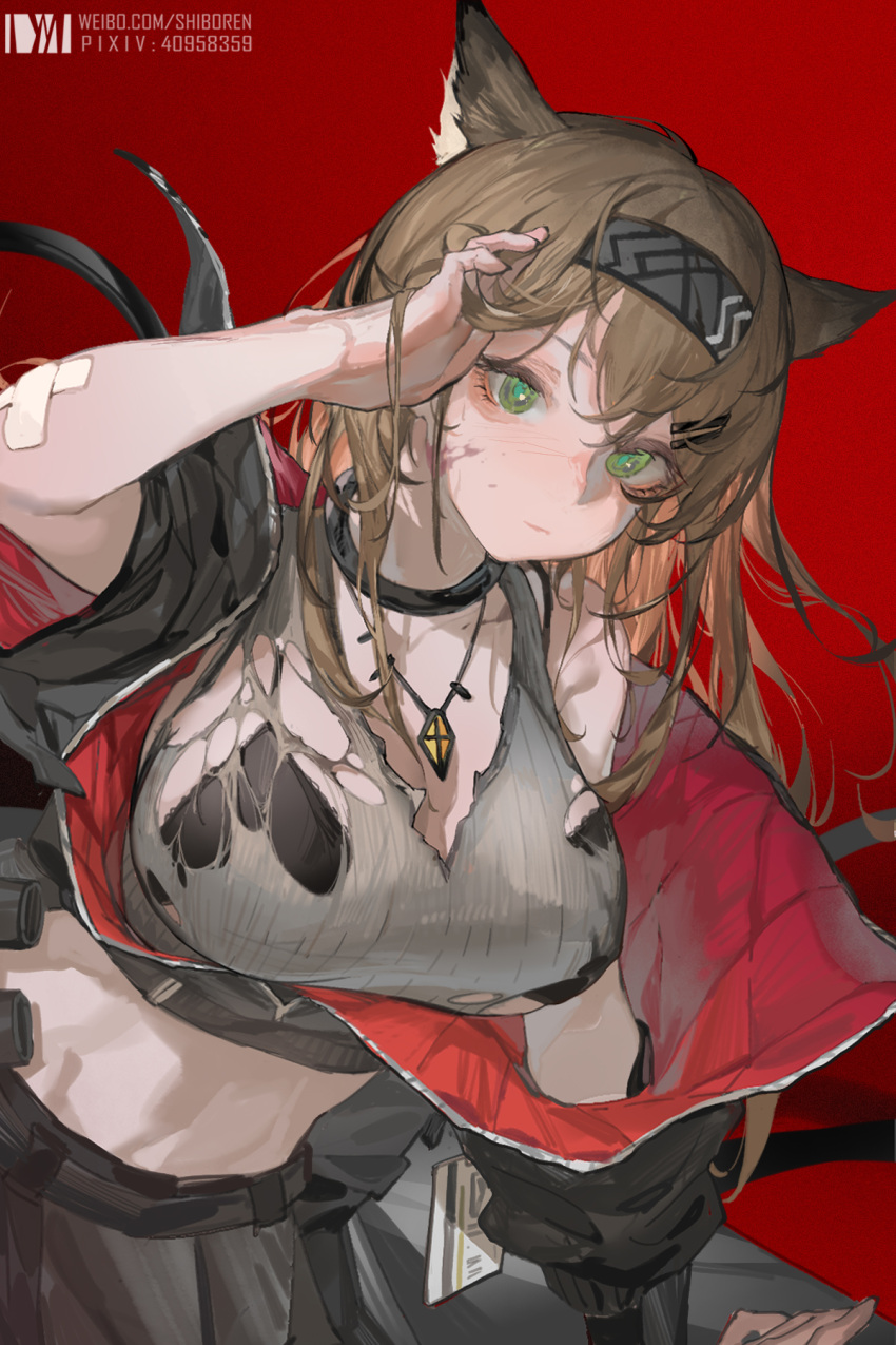1girl animal_ears arknights arm_up bandaid bandaid_on_arm bangs black_bra black_hairband black_jacket blush bra breasts brown_hair commentary_request crop_top cropped_jacket crossed_bandaids dm_(dai_miao) green_eyes grey_shirt hair_ornament hairband hairclip highres horn_(arknights) jacket jewelry large_breasts long_hair midriff necklace off_shoulder open_clothes open_jacket red_background shirt simple_background sleeveless sleeveless_shirt solo torn_clothes torn_shirt underwear
