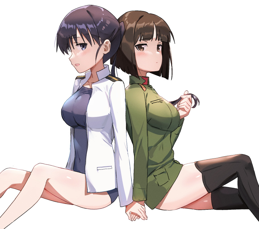 2girls back-to-back bangs black_eyes black_hair black_legwear blunt_bangs blush breasts brown_eyes brown_hair etou_toshiko from_side highres holding_another's_hair holding_hands jacket kitagou_fumika large_breasts long_hair looking_at_viewer medium_breasts medium_hair mejina military military_uniform multiple_girls ponytail school_swimsuit shiny shiny_skin swimsuit thigh-highs thighs uniform white_background white_jacket world_witches_series