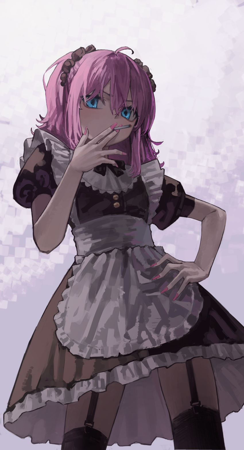 1girl absurdres ahoge alternate_costume apron bangs black_bow black_bowtie black_dress bow bowtie cigarette cowboy_shot dress enmaided garter_straps gradient gradient_background grey_apron grey_background hand_on_hip highres looking_at_viewer maid original pink_hair puffy_short_sleeves puffy_sleeves short_sleeves smoking solo thigh-highs twintails waist_apron yoon_cook