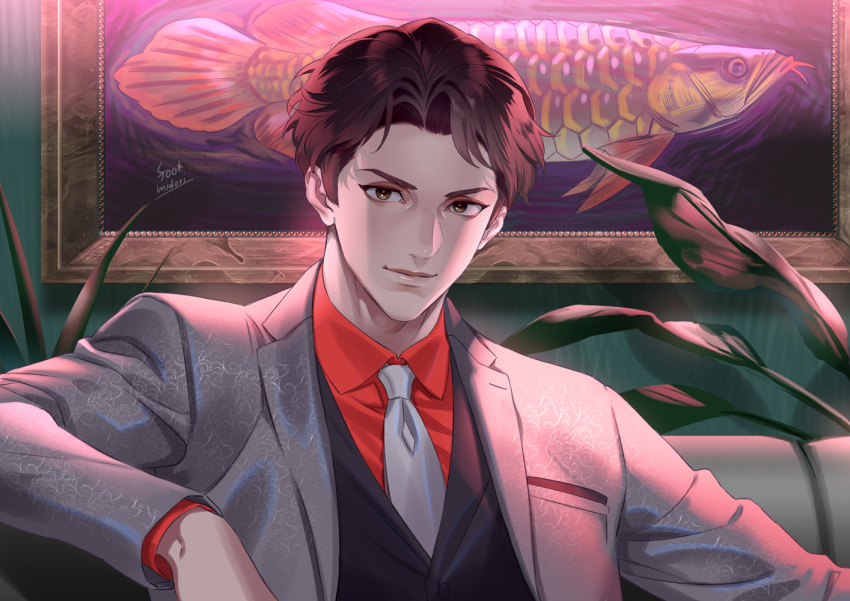1boy arapaima artist_name banned_artist black_vest brown_eyes brown_hair closed_mouth coat collared_shirt fashion formal looking_at_viewer male_focus midori_foo necktie original painting_(object) plant red_shirt shirt short_hair suit upper_body vest waistcoat white_coat white_necktie