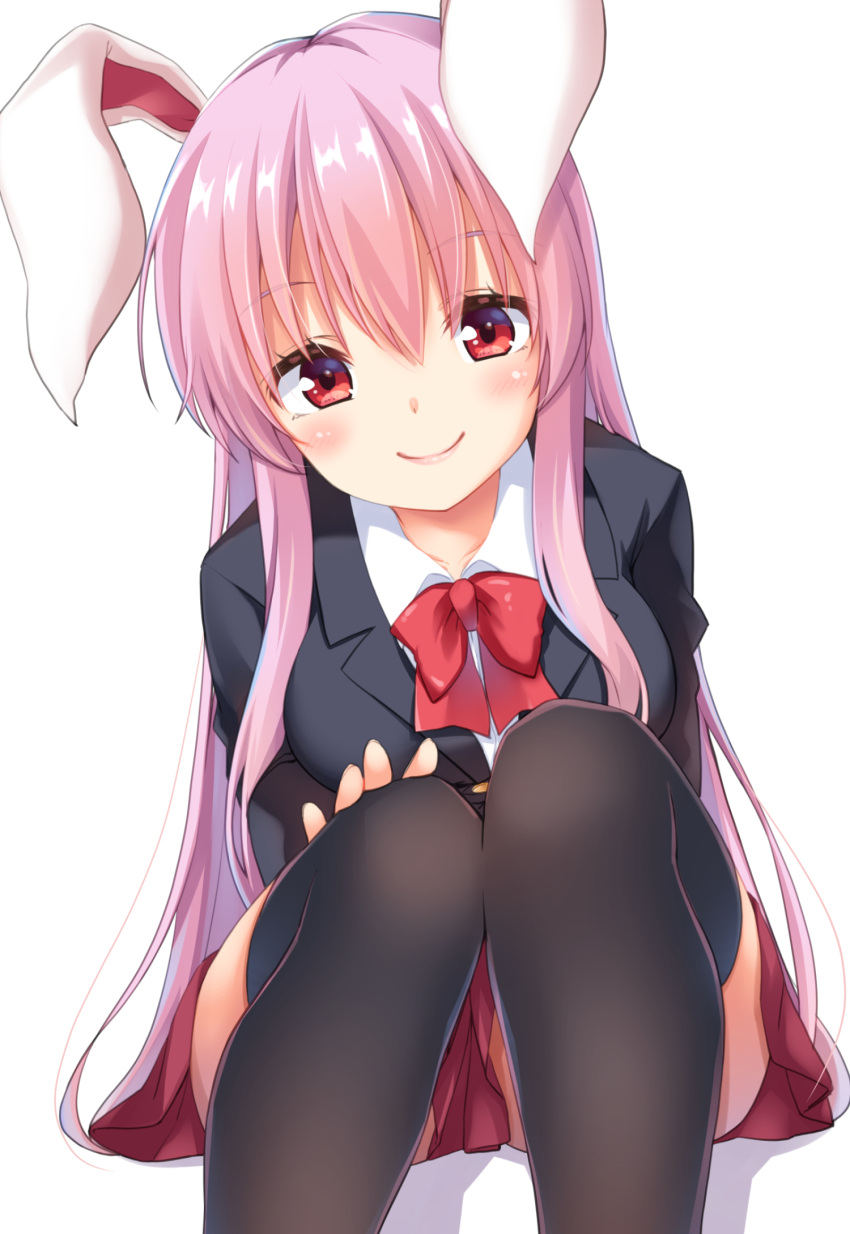 1girl animal_ears bangs black_legwear blazer blush bow bowtie breasts collared_shirt commentary_request hand_on_own_knee head_tilt highres hisae_(hisae_collect) jacket large_breasts light_purple_hair long_hair long_sleeves looking_at_viewer miniskirt pink_skirt rabbit_ears red_bow red_bowtie red_eyes reisen_udongein_inaba shiny shiny_hair shirt sidelocks sitting skirt smile solo suit_jacket thigh-highs touhou white_background white_shirt wing_collar