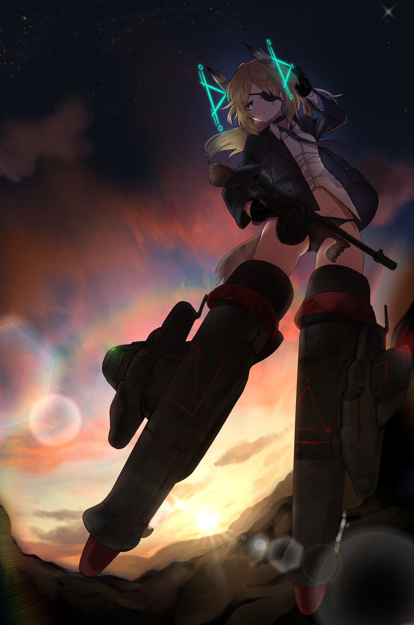 1girl absurdres ass_visible_through_thighs black_gloves black_panties blonde_hair blurry bokeh clouds commission depth_of_field eyepatch gloves gun hand_to_own_head highres hirschgeweih_antennas ika_(hinatu1992) long_hair midriff mixed-language_commentary navel night night_sky panties scar scar_across_eye sky solo strike_witches striker_unit submachine_gun sunset thighs thompson_submachine_gun underwear weapon world_witches_series