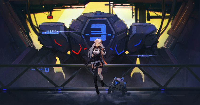 1girl absurdres anniversary bangs black_footwear black_gloves black_jacket black_legwear blue_eyes full_body gloves hair_ornament heterochromia highres honkai_(series) honkai_impact_3rd jacket kiana_kaslana kiana_kaslana_(void_drifter) long_hair looking_at_viewer luojiwei robot short_sleeves single_thighhigh solo standing standing_on_one_leg thigh-highs white_hair yellow_eyes