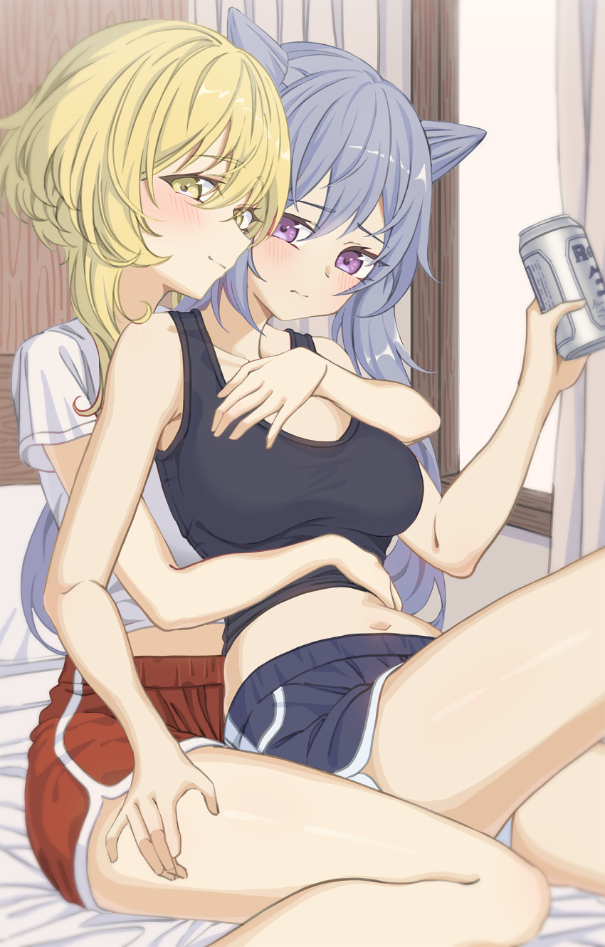 2girls bare_arms bed_sheet bedroom beer_can blonde_hair blush breasts can dolphin_shorts double_bun genshin_impact half-closed_eyes highres hug hug_from_behind keqing_(genshin_impact) lumine_(genshin_impact) medium_breasts midriff multiple_girls navel o-los on_bed purple_hair shirt short_shorts short_sleeves shorts sitting sitting_on_lap sitting_on_person smile tank_top violet_eyes white_shirt window yellow_eyes yuri