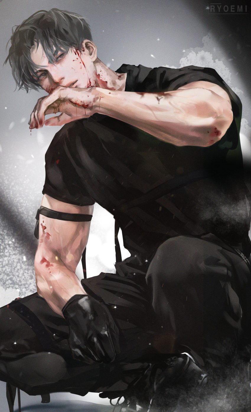 1boy absurdres artist_name black_shirt blood blood_on_face commentary_request gloves grey_background hand_on_own_face hand_on_own_leg highres male_focus muscular muscular_male original pants ryeomiii shirt short_hair short_sleeves solo squatting