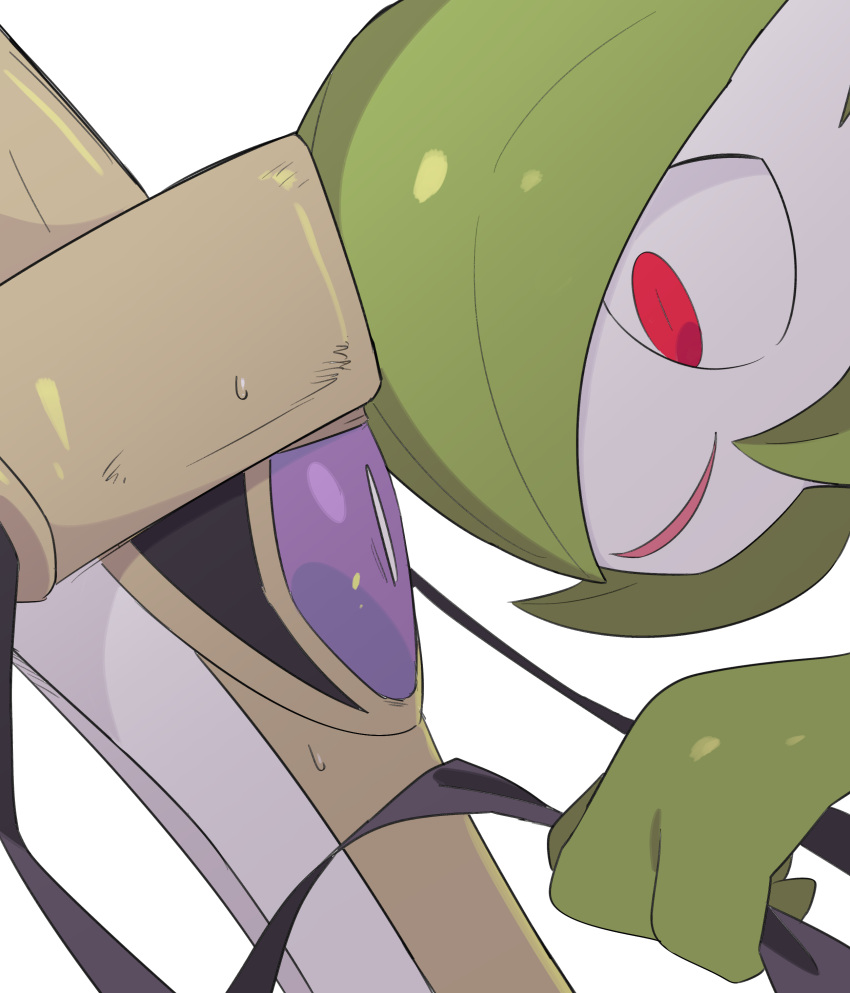 1girl absurdres aegislash bangs black_sclera bob_cut bright_pupils colored_sclera colored_skin commentary_request constricted_pupils eye_contact from_side gardevoir grabbing green_hair green_skin hair_over_one_eye hand_up happy highres looking_at_another multicolored_skin nervous one-eyed one_eye_covered open_mouth partial_commentary pokemon pokemon_(creature) profile red_eyes short_hair simple_background slit_pupils smile squid_(pixiv_27814354) sweat sword two-tone_skin violet_eyes weapon white_background white_pupils white_skin wide-eyed