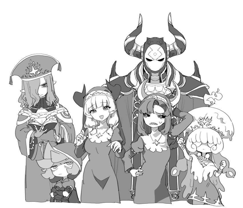 3boys 3girls :d absurdres black_sclera book candle cape clenched_teeth closed_mouth colored_sclera cordula_(okame_nin) crossed_arms dorlitt_(okame_nin) dress greyscale habit hand_up heart heart-shaped_pupils highres holding holding_book horizontal_pupils horns horns_through_headwear jewelry long_sleeves looking_at_viewer mana_matitia_(okame_nin) monochrome multiple_boys multiple_girls necklace niian_(okame_nin) nun okame_nin open_book original reading sharp_teeth simple_background smile symbol-shaped_pupils teeth ueria_(okame_nin) urushia_(okame_nin) white_background