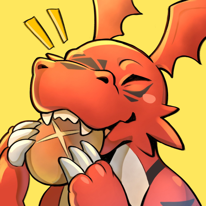 bread claws closed_eyes colored_skin digimon digimon_(creature) digimon_tamers eating facial_mark food guilmon happy highres holding no_humans notice_lines nui_(nuitt) red_skin simple_background yellow_background