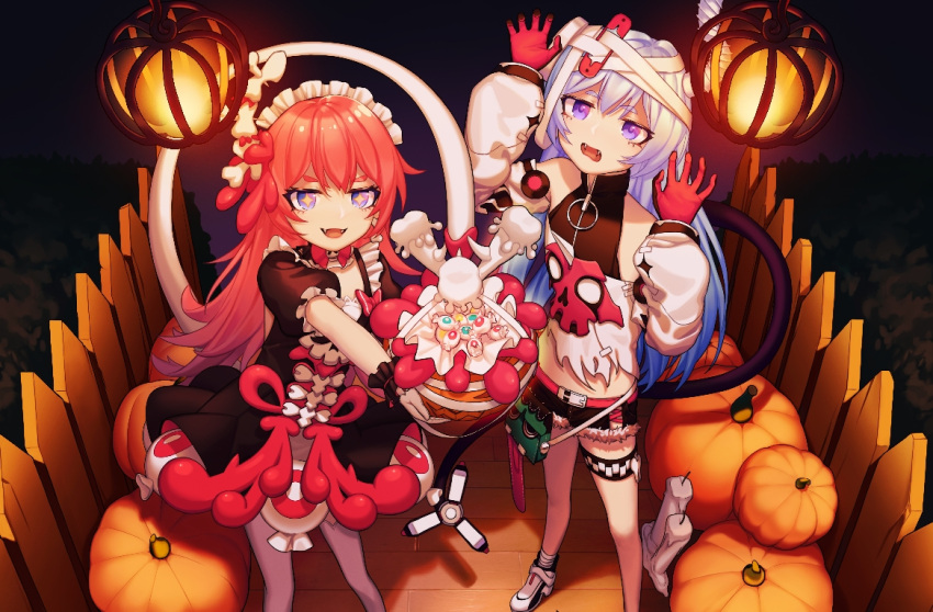 2girls bai_lan_gen(1845106313) belt black_dress black_gloves black_shorts blue_eyes blue_hair dress frilled_dress frills full_body gloves halloween_bucket halloween_costume holding honkai_(series) honkai_impact_3rd horns liliya_olenyeva long_hair multiple_girls open_mouth pink_hair pumpkin rozaliya_olenyeva shirt short_sleeves shorts siblings single_horn standing tail twins white_gloves white_shirt