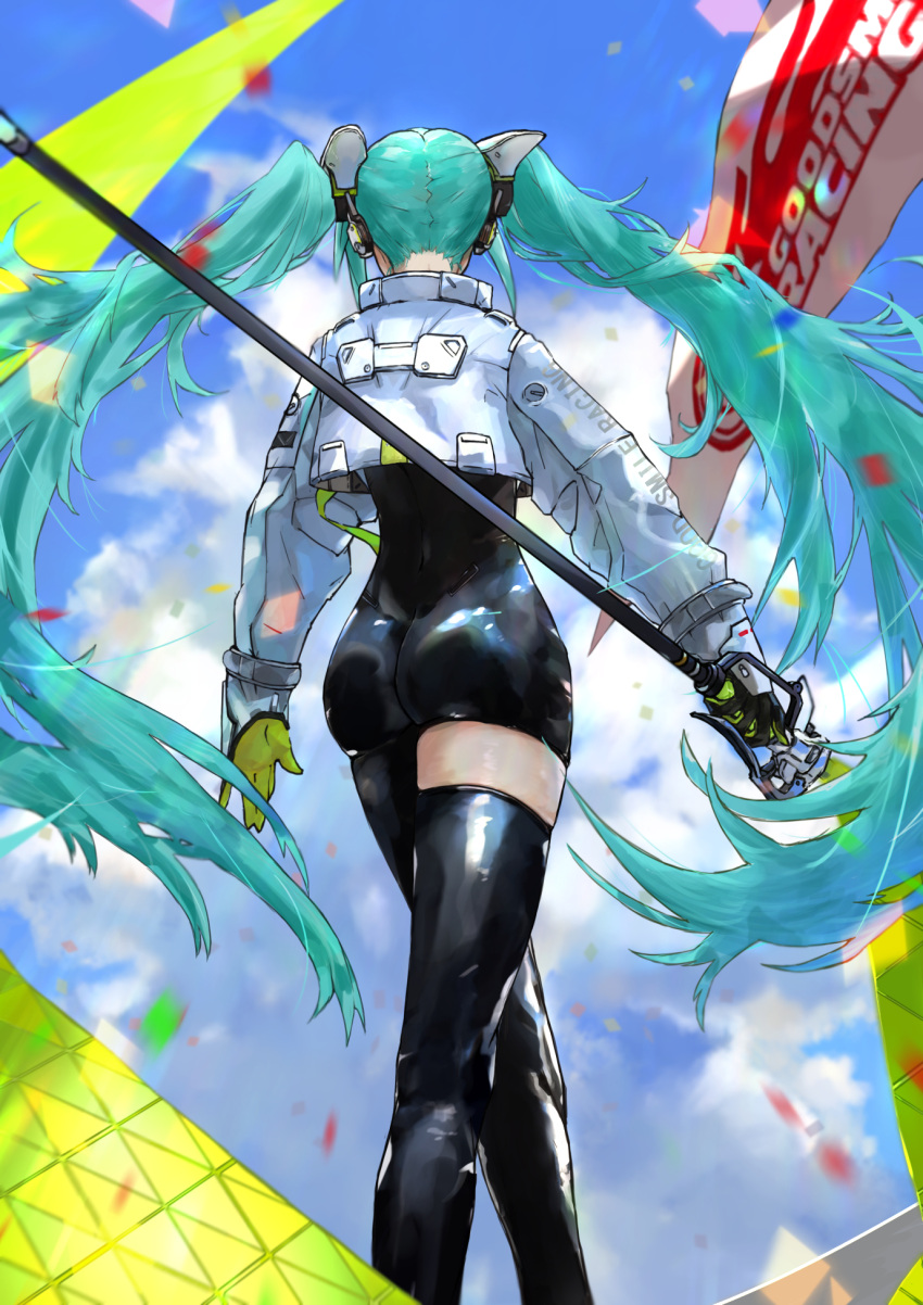 1girl ass banner black_legwear blue_hair blue_sky bodysuit cropped_jacket crossed_legs facing_away flag from_behind hatsune_miku highres holding holding_flag jacket kdm_(ke_dama) long_hair long_sleeves racing_miku racing_miku_(2022) single_thighhigh sky solo thigh-highs twintails vocaloid watson_cross white_jacket