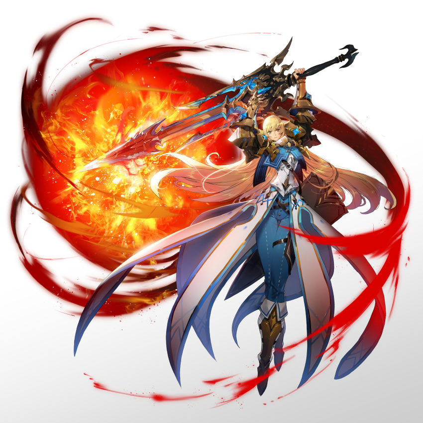 1girl absurdres blonde_hair blue_pants boots brown_footwear closed_mouth fireball fold-over_boots gran_saga hands_up highres holding holding_sword holding_weapon huge_weapon long_hair looking_at_viewer official_art pants red_eyes ryota-h solo sword waist_cape weapon