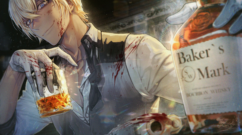 1boy amuro_tooru bangs black_vest blonde_hair blood blood_on_clothes blood_on_face blood_on_hands blue_eyes blurry blurry_foreground bottle collared_shirt cup dark-skinned_male dark_skin drinking_glass foreshortening gloves hair_between_eyes head_tilt highres holding holding_cup jiao_mao looking_at_viewer male_focus meitantei_conan partially_unbuttoned pectoral_cleavage pectorals shirt short_hair smile solo upper_body vest white_gloves white_shirt wine_bottle wine_glass