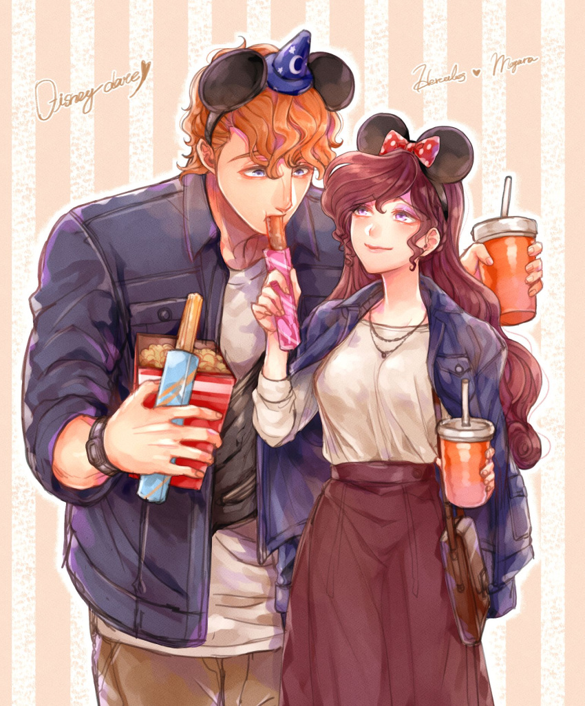1boy 1girl bag bangs blue_eyes bow brown_pants brown_skirt casual character_name contemporary cup denim denim_jacket dessert disney disposable_cup drinking_straw eye_contact feeding food hair_bow handbag hat hercules_(disney) hercules_(disney)_(character) hetero highres holding holding_cup holding_food jacket jewelry long_hair looking_at_another megara_(disney) mickey_mouse_ears mizala necklace orange_hair pants pocket polka_dot polka_dot_bow red_bow shirt short_hair skirt standing striped striped_background swept_bangs watch watch white_shirt wizard_hat