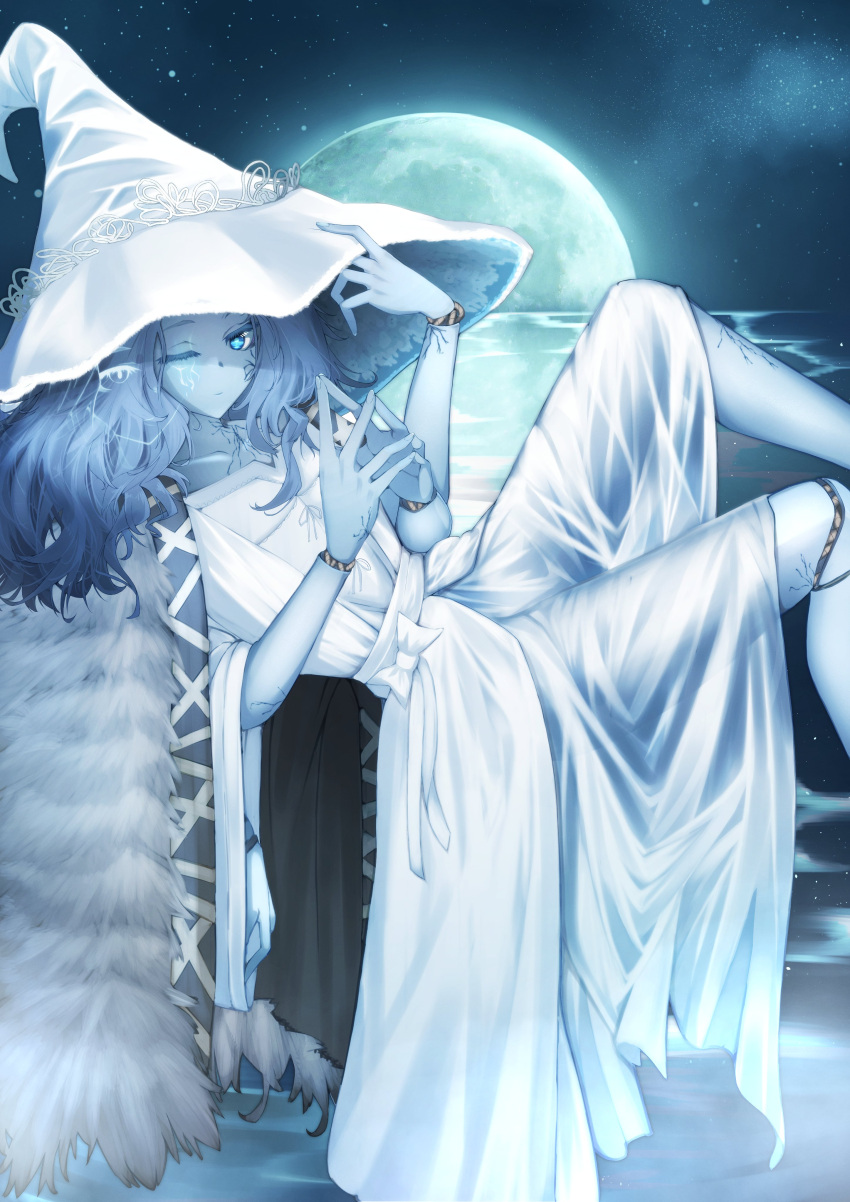 1girl absurdres blue_eyes blue_hair blue_skin cloak closed_mouth colored_skin cracked_skin dress elden_ring extra_arms extra_faces flat_chest floating from_side full_moon fur_cloak hat highres long_dress long_hair looking_at_viewer looking_to_the_side lying moon on_back one_eye_closed ranni_the_witch shijou_hasekura sky solo star_(sky) starry_sky water_world white_dress white_headwear witch_hat