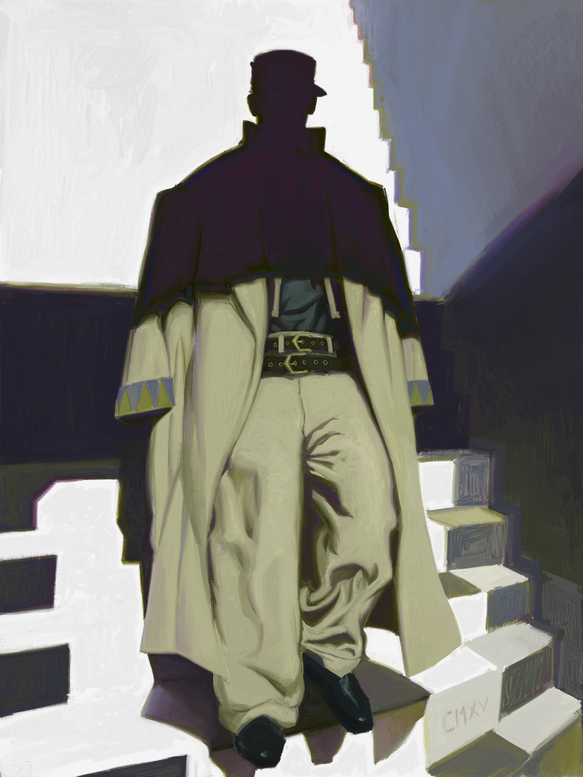 1boy absurdres belt black_belt black_footwear black_shirt cmxv coat diamond_wa_kudakenai highres jojo_no_kimyou_na_bouken kujo_jotaro long_coat male_focus open_clothes open_coat pants shaded_face shirt shoes signature solo stairs walking white_coat white_pants