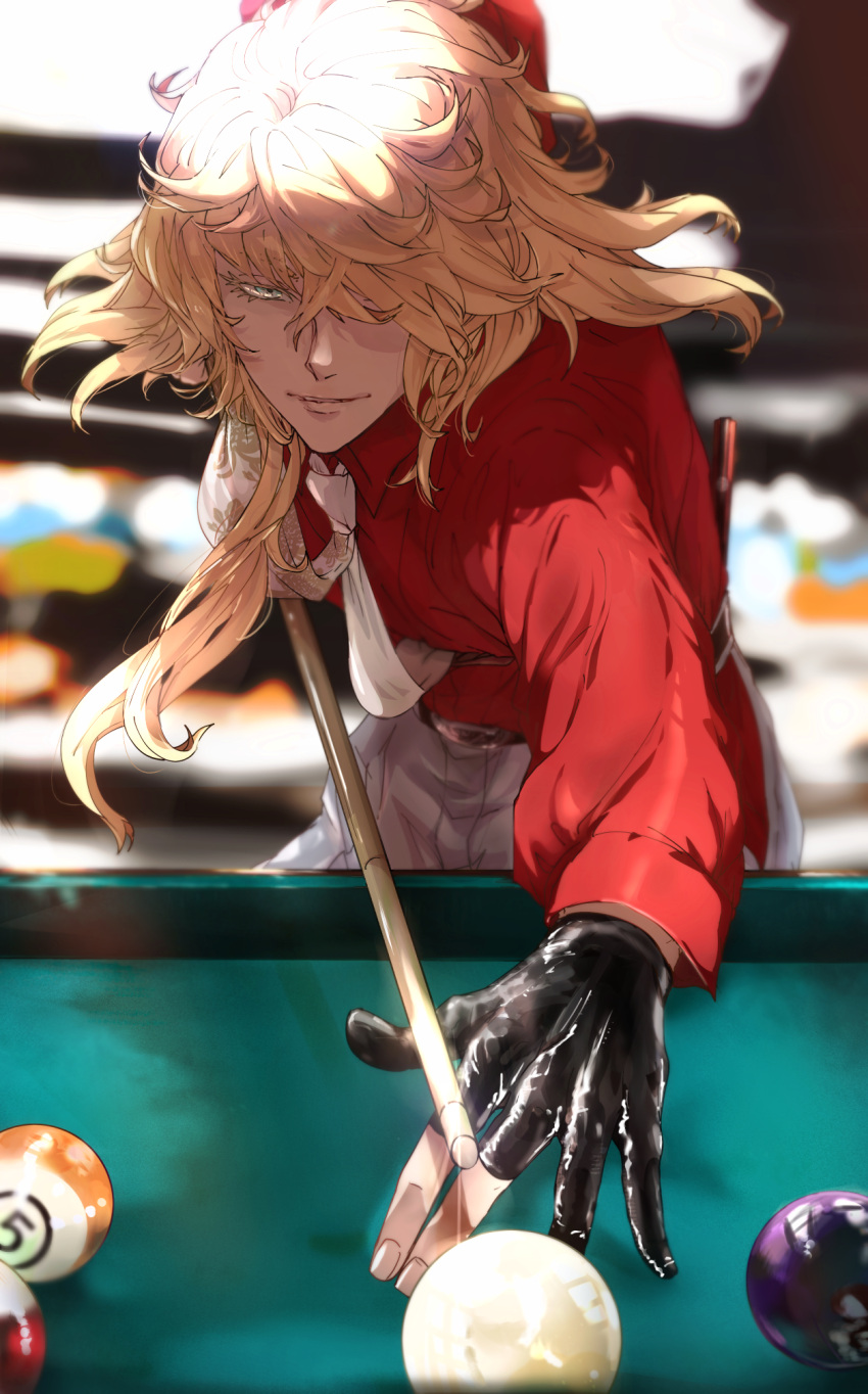 1boy ball billiard_ball billiards black_gloves blonde_hair blue_eyes blurry closed_mouth collared_shirt cue_stick depth_of_field fingernails gloves hair_over_one_eye highres holding holding_cue_stick ichimonji_norimune kekko leaning_forward long_hair long_sleeves looking_away looking_down male_focus necktie one_eye_covered outstretched_arm pants partially_fingerless_gloves pool_table red_shirt shiny shiny_clothes shirt smile solo touken_ranbu upper_body white_necktie white_pants