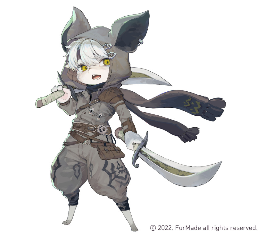 1other animal_ears animal_hood belt belt_pouch brown_belt brown_scarf copyright_request dual_wielding earrings full_body furry grey_jumpsuit highres holding holding_sword holding_weapon hood hood_up jewelry jumpsuit looking_at_viewer official_art over_shoulder oyabuli pouch scarf simple_background sword watermark weapon weapon_over_shoulder white_background white_hair yellow_eyes