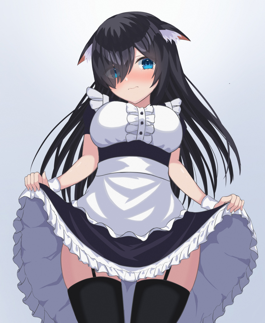 1girl absurdres animal_ear_fluff animal_ears bangs black_hair black_legwear blue_eyes blush breasts closed_mouth cowboy_shot dress embarrassed eyelashes eyes_visible_through_hair forehead frilled_dress frilled_shirt frills garter_straps highres lifted_by_self long_hair looking_at_viewer maid mikeran5648 original parted_bangs shirt short_sleeves simple_background solo thigh-highs wavy_hair white_background wrist_cuffs