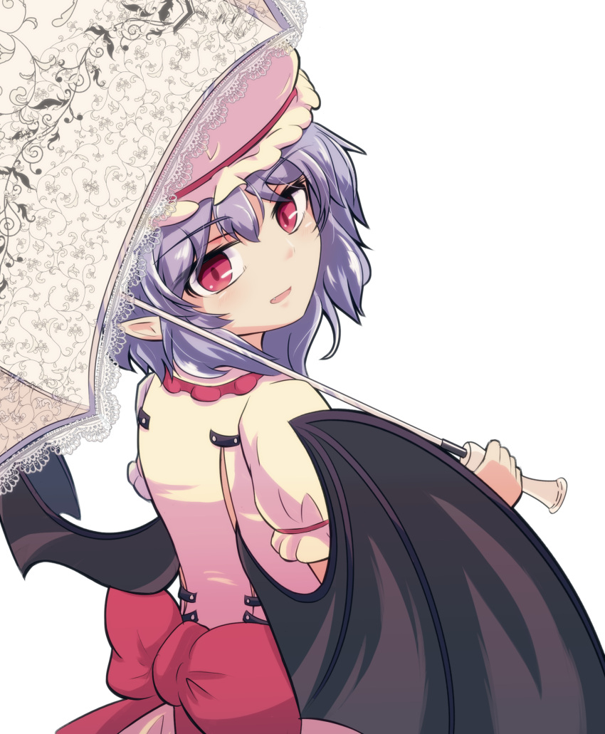 1girl :d bat_wings dress eyebrows_visible_through_hair from_above hansode32 hat highres holding holding_umbrella long_sleeves looking_at_viewer looking_back mob_cap pointy_ears puffy_sleeves red_eyes remilia_scarlet ribbon short_hair smile solo touhou umbrella upper_body wings