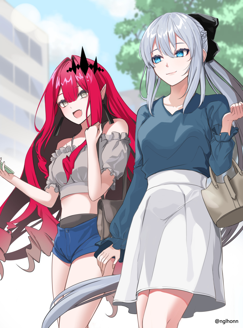 absurdres bangs bare_shoulders black_bow blue_eyes blush bow braid breasts contemporary fairy_knight_tristan_(fate) fate/grand_order fate_(series) french_braid grey_eyes grey_hair highres large_breasts long_hair long_sleeves morgan_le_fay_(fate) nigori_(keydoor) open_mouth pink_hair pointy_ears sidelocks smile thighs tiara