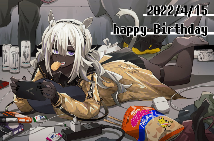 1girl airpods animal_ear_fluff animal_ears arknights barefoot bed black_dress black_nails can cellphone chips dark-skinned_female dark_skin dated dress eating electric_socket feet_up food full_body holding holding_phone horse_ears horse_girl horse_tail iwashi_80 jacket long_hair long_sleeves looking_at_viewer lying messy_room mouth_hold nail_polish on_floor on_stomach open_clothes open_jacket open_mouth originium_slug_(arknights) phone pillow short_dress silver_hair smartphone soda_can solo tail teeth the_pose thigh_strap tuye_(arknights) violet_eyes wireless_earphones yellow_jacket