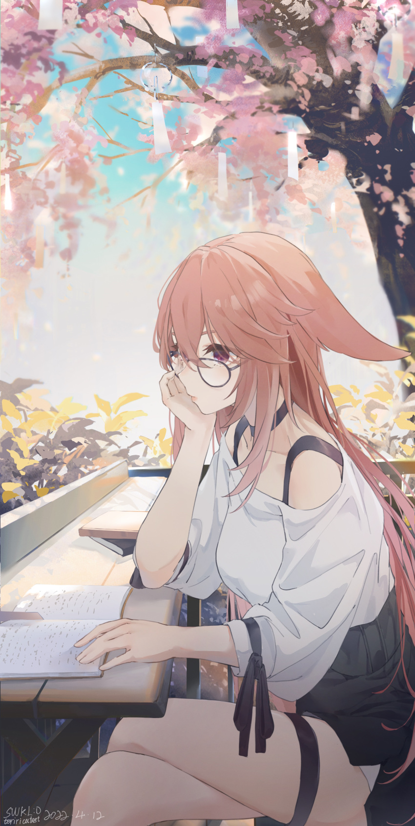1girl absurdres alternate_costume animal_ears arm_support bangs bench bespectacled blurry book casual cherry_blossoms choker collarbone commentary_request contemporary crossed_legs depth_of_field eyebrows_visible_through_hair fox_ears genshin_impact glasses hair_between_eyes highres long_hair long_sleeves looking_away off_shoulder park_bench pink_hair sidelocks sitting solo swkl:d table thighlet tree violet_eyes wind_chime yae_miko