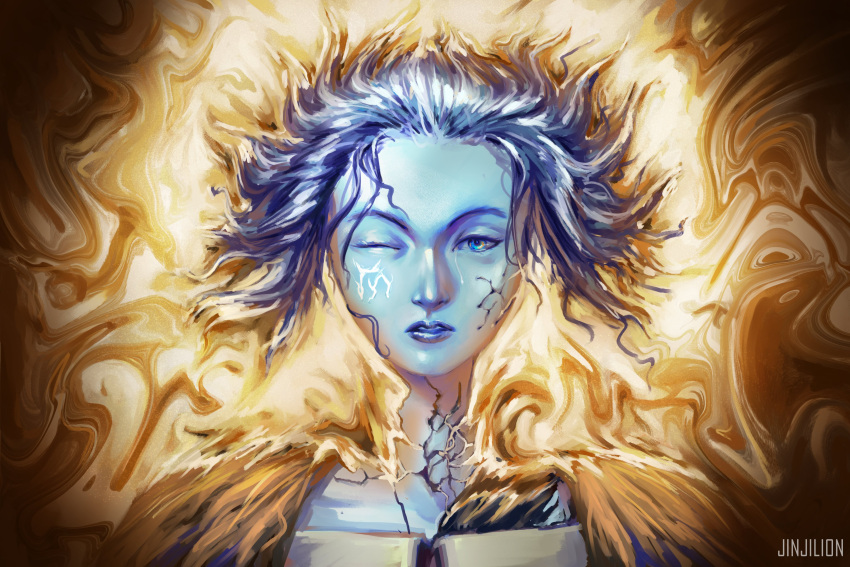1girl absurdres blue_eyes blue_hair blue_skin cloak colored_skin cracked_skin dress elden_ring fur_cloak highres jinjilion looking_at_viewer one_eye_closed parted_lips portrait ranni_the_witch signature solo upper_body white_dress