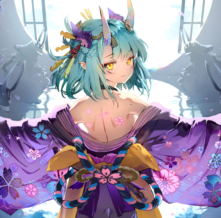 1girl anmi back back_tattoo bare_shoulders floral_print flower_tattoo from_behind green_hair highres horns japanese_clothes kimono looking_at_viewer looking_back mole oni oni_horns original pointy_ears purple_kimono short_hair solo tattoo yellow_eyes