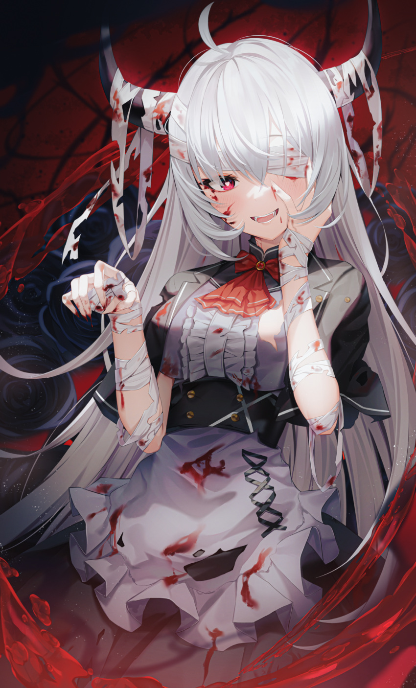 1girl ahoge apron ascot bandage_over_one_eye bandaged_arm bandaged_horns bandages bangs blood blood_on_bandages blood_on_clothes blood_on_face blood_on_hands blush breasts center_frills corset demon_horns frilled_apron frills hair_between_eyes hand_on_own_cheek hand_on_own_face heart heart-shaped_pupils highres horns large_breasts long_hair looking_at_viewer open_mouth original red_ascot red_eyes short_sleeves shuvi_(shuvi1125) silver_hair smile solo standing symbol-shaped_pupils torn_clothes very_long_hair white_apron
