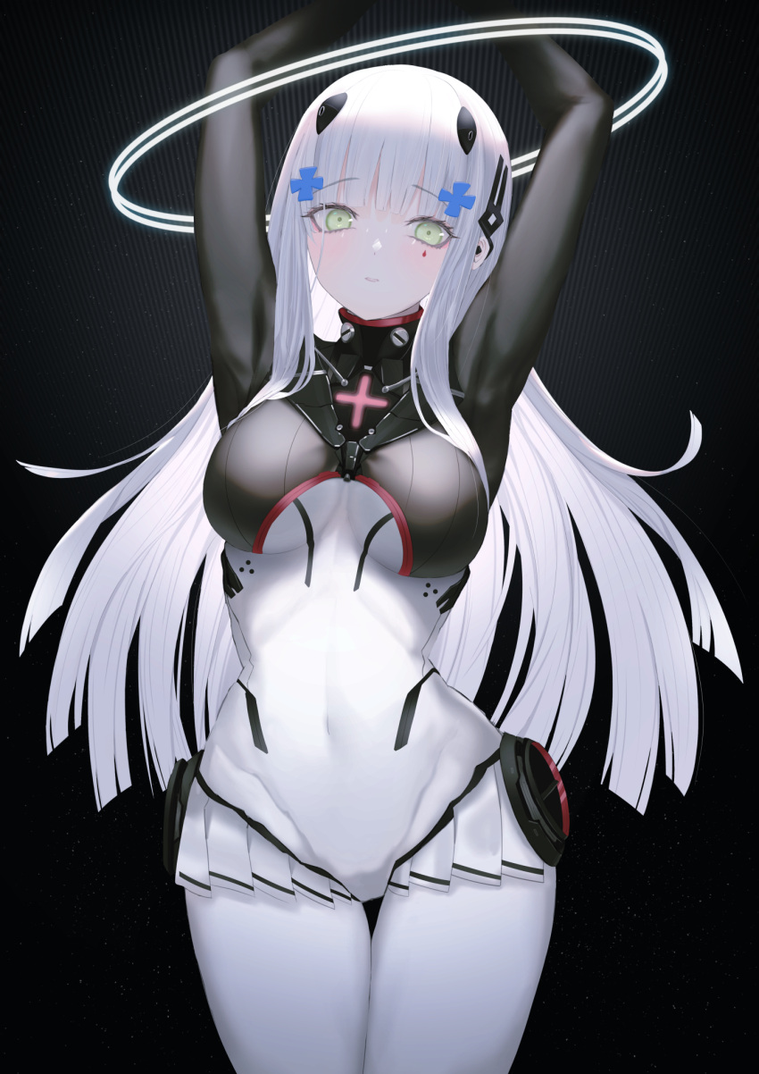 1girl arms_up bangs black_background blunt_bangs bodysuit breasts covered_navel cowboy_shot earpiece eigo_ichii eyebrows_visible_through_hair facial_mark girls_frontline gradient gradient_background green_eyes hair_ornament highres hk416_(girls'_frontline) hk416_(midnight_evangelion)_(girls'_frontline) large_breasts long_hair looking_at_viewer miniskirt parted_lips pleated_skirt showgirl_skirt silver_hair skin_tight skirt solo straight_hair very_long_hair white_bodysuit white_skirt