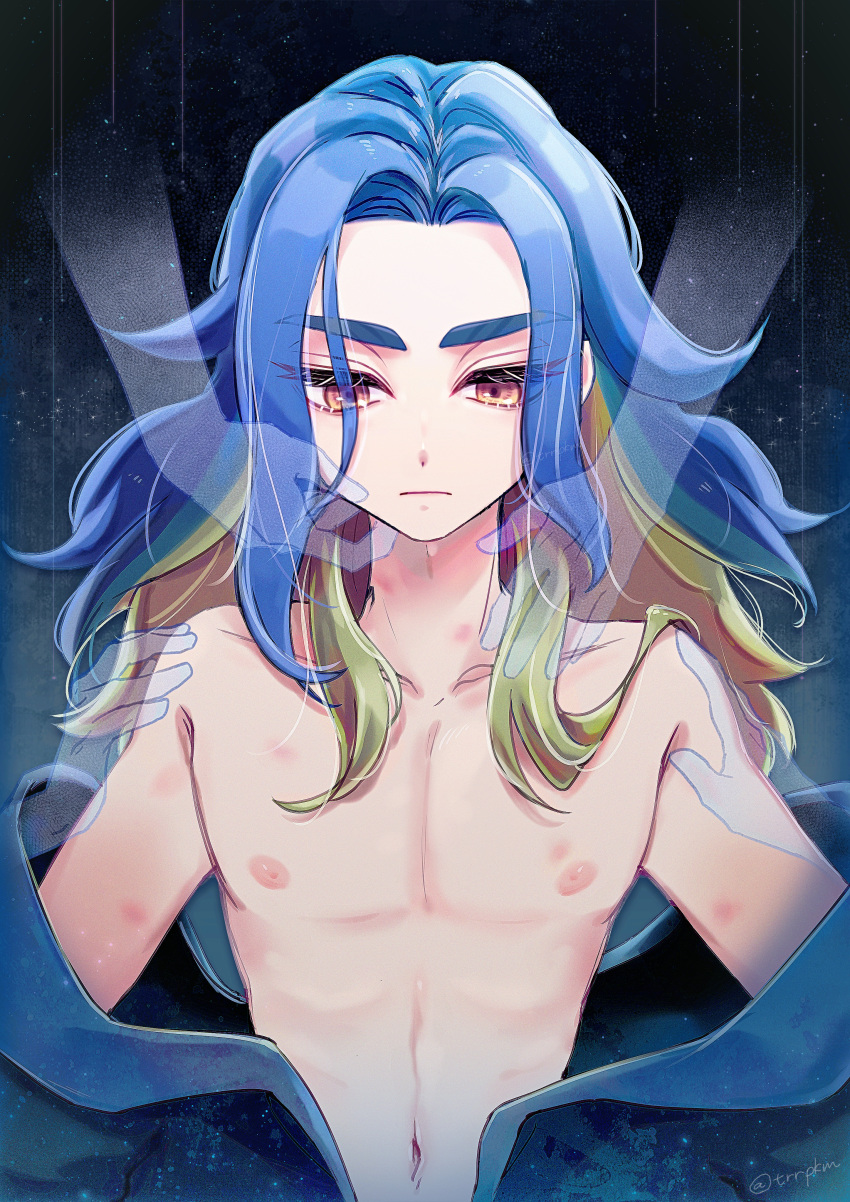 1boy absurdres adaman_(pokemon) bangs blue_hair brown_eyes coat collarbone commentary_request disembodied_limb eyebrows_visible_through_hair green_hair highres long_hair looking_down male_focus multicolored_hair navel nipples off_shoulder pokemon pokemon_(game) pokemon_legends:_arceus tyupo_(trrpkm) upper_body