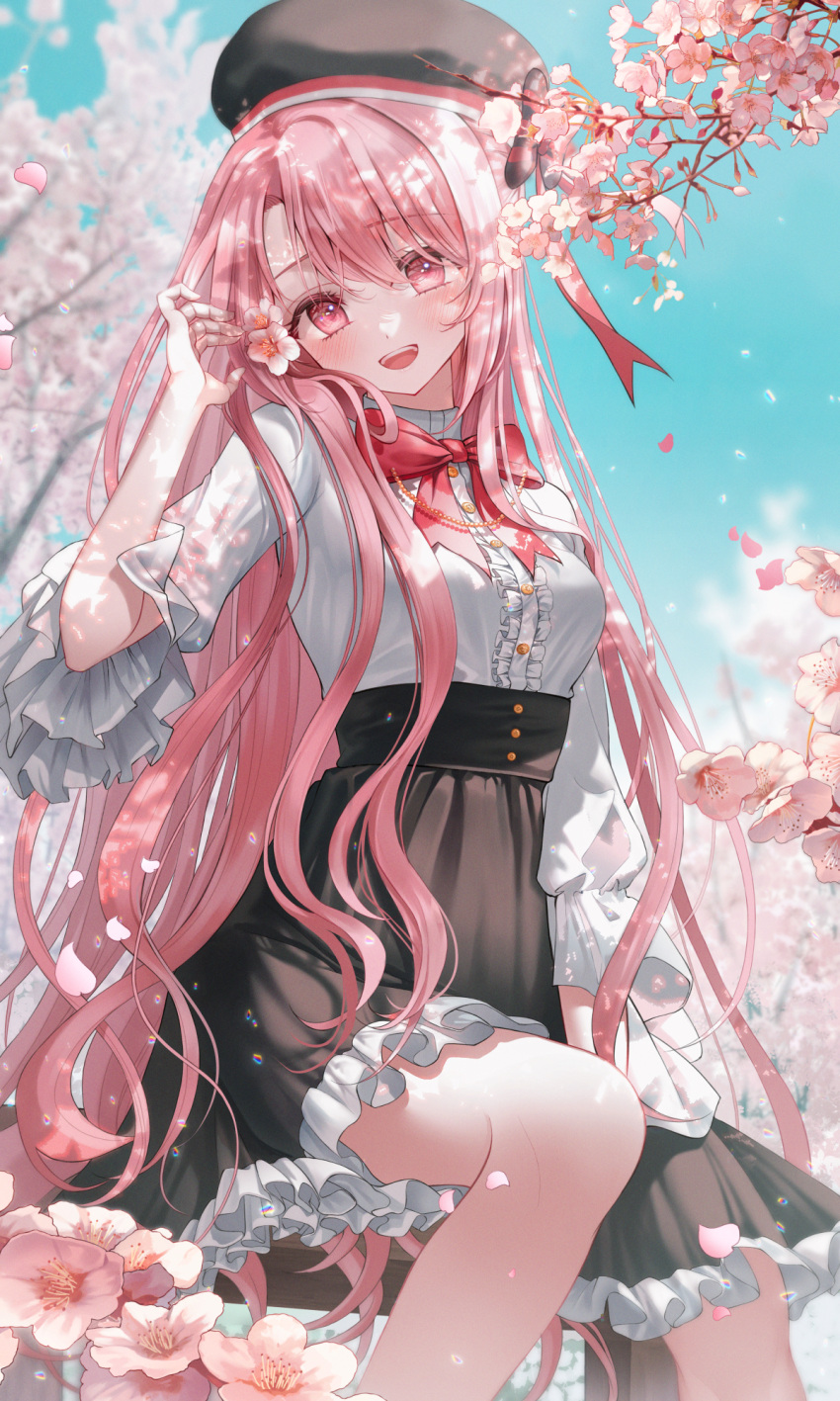 1girl arm_between_legs bangs black_skirt blurry blurry_background bow bowtie branch breasts buttons cherry_blossoms flower frilled_shirt frilled_skirt frills hair_flower hair_ornament hand_up hat high-waist_skirt highres liso looking_at_viewer medium_breasts open_mouth original petals pink_eyes pink_hair red_bow red_bowtie shirt shirt_tucked_in skirt smile solo white_shirt
