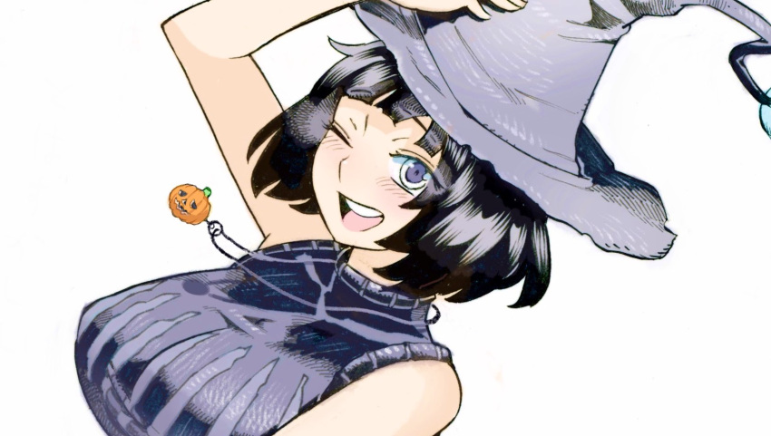 1girl :d adjusting_clothes adjusting_headwear arm_up black_eyes black_hair black_shirt blush bob_cut breasts commentary hat highres huge_breasts jack-o'-lantern jewelry looking_at_viewer necklace nishi_yoshiyuki one_eye_closed open_mouth original pumpkin shirt short_hair simple_background sleeveless sleeveless_turtleneck smile solo teeth turtleneck upper_body upper_teeth white_background witch_hat
