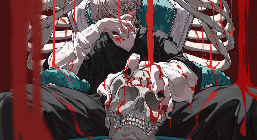 17_s_kyk 1boy black_nails blood blood_on_face blood_on_hands bone chair commentary_request green_eyes hand_on_own_face heterochromia highres holding holding_skull long_sleeves male_focus original pants red_eyes ribs short_hair skull solo white_hair