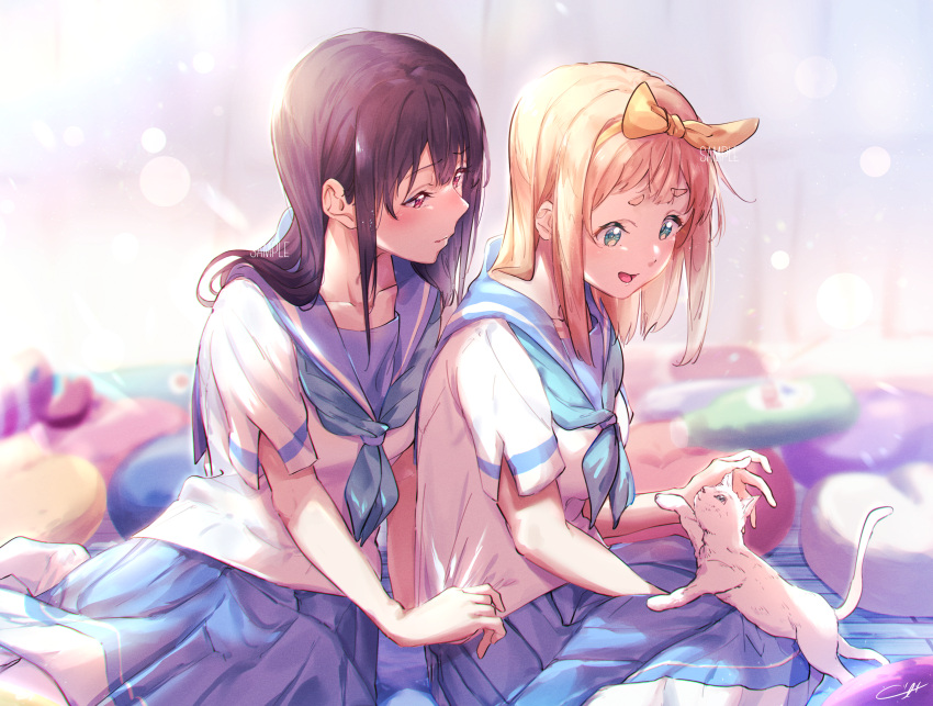 2girls absurdres animal bangs blonde_hair blue_hair blue_neckerchief blue_sailor_collar blue_skirt blurry blurry_background blush cat closed_mouth commentary_request expressionless green_eyes hair_ribbon hand_up hibike!_euphonium highres kitauji_high_school_uniform kuziaaizuk liz_to_aoi_tori long_hair looking_at_another looking_down multiple_girls neckerchief open_mouth pleated_skirt red_eyes ribbon sailor_collar school_uniform serafuku shirt short_sleeves sitting skirt smile white_cat white_shirt yellow_ribbon yoroizuka_mizore yoshikawa_yuuko